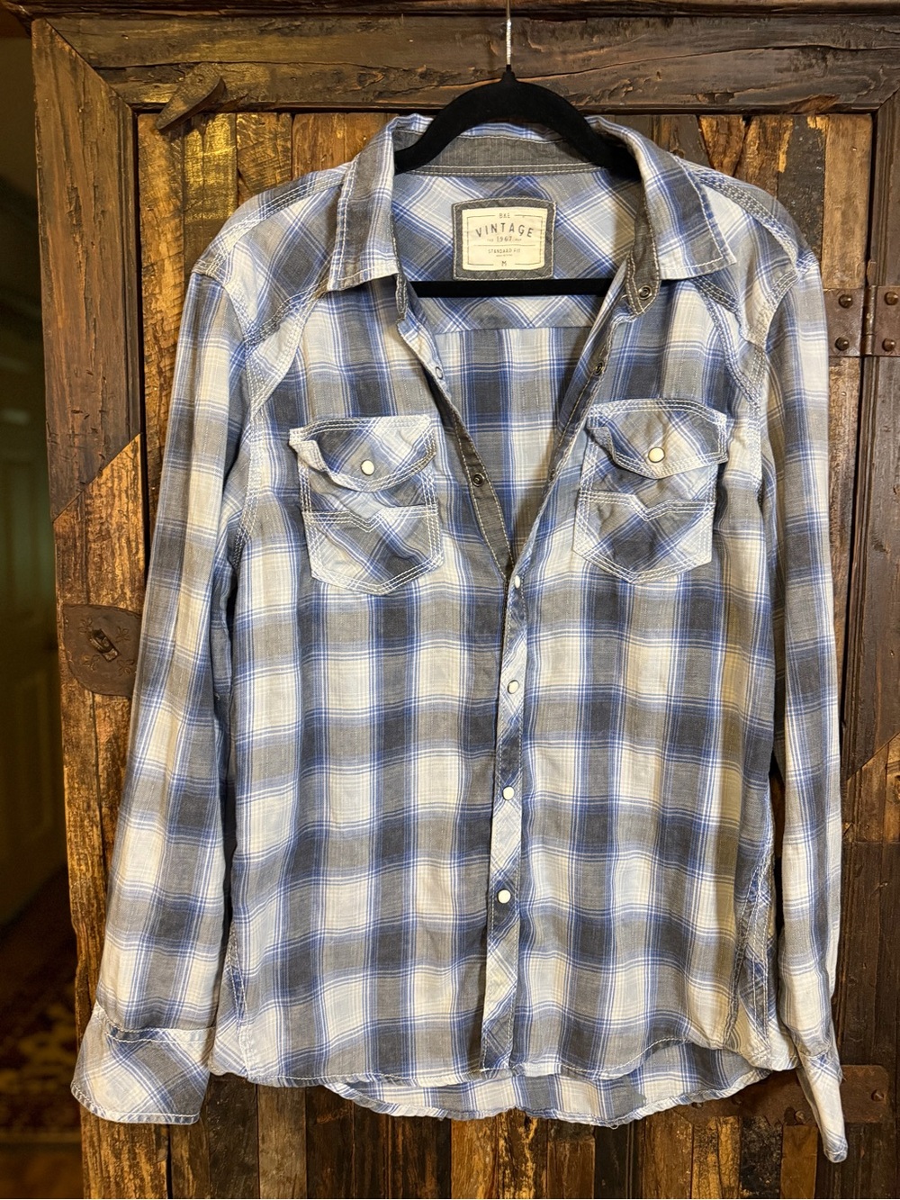 BKE Vintage Men M Plaid Pearl Snap Western Shirt Standard Fit Blue Gray Buckle